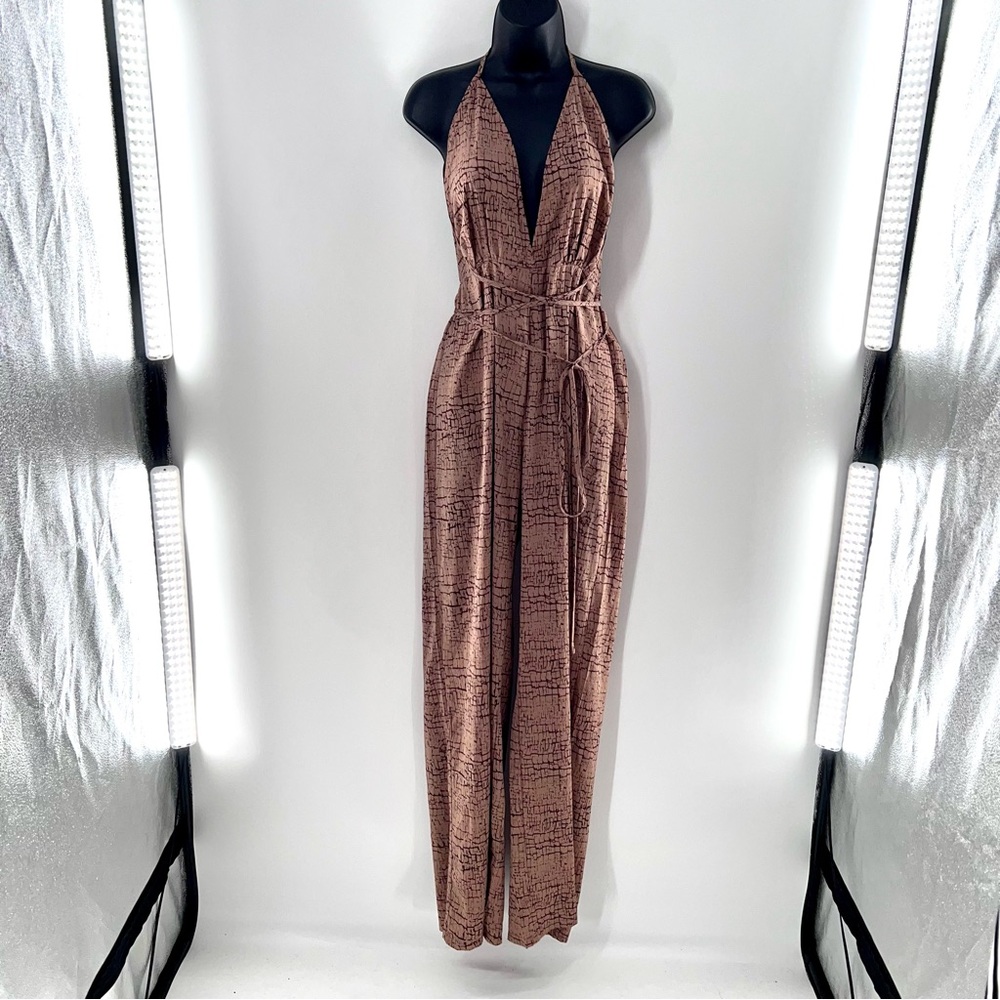 PrettyLittleThing Stone Print Patterned Wide Leg Halter Neck Jumpsuit-Size 8